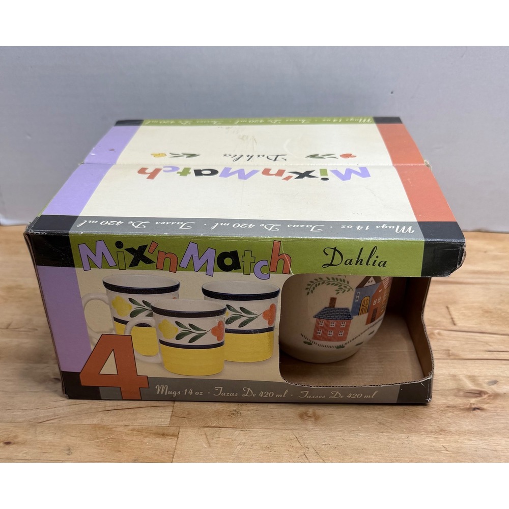 Newcor Mix n Match Dahlia Mug Set 4 14oz Village Folk Art Stoneware Vintage
